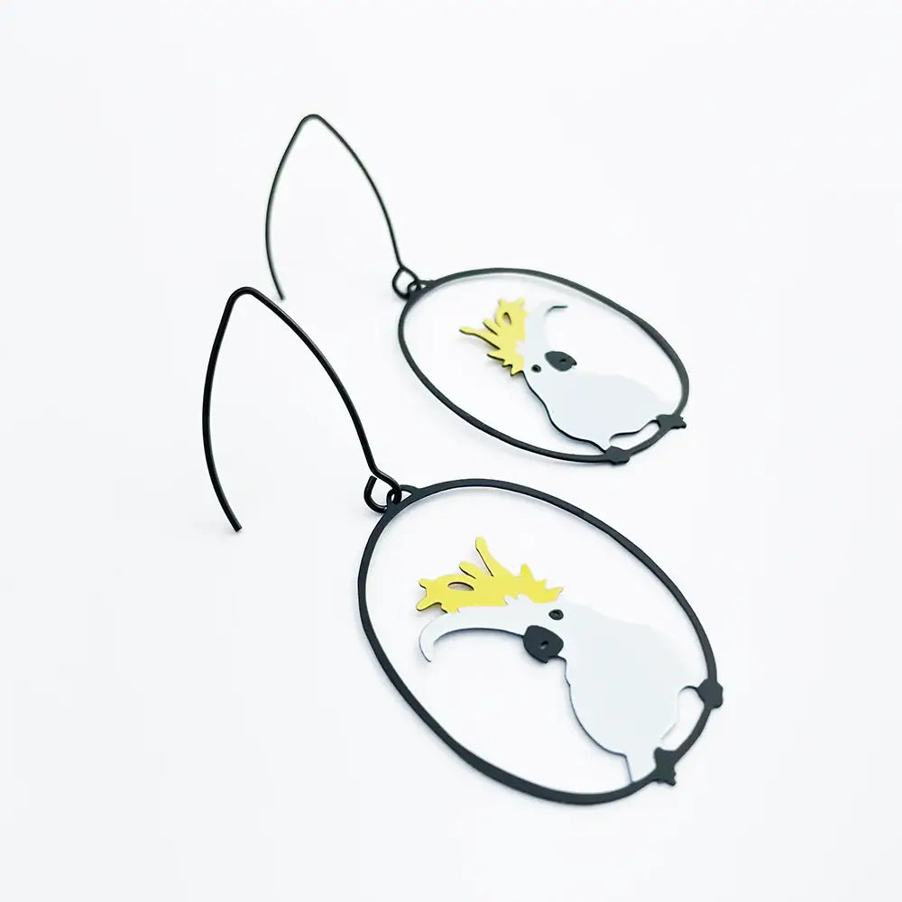 Pair of shark-shaped earrings with yellow accents on a white background