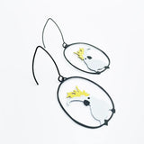 Pair of shark-shaped earrings with yellow accents on a white background