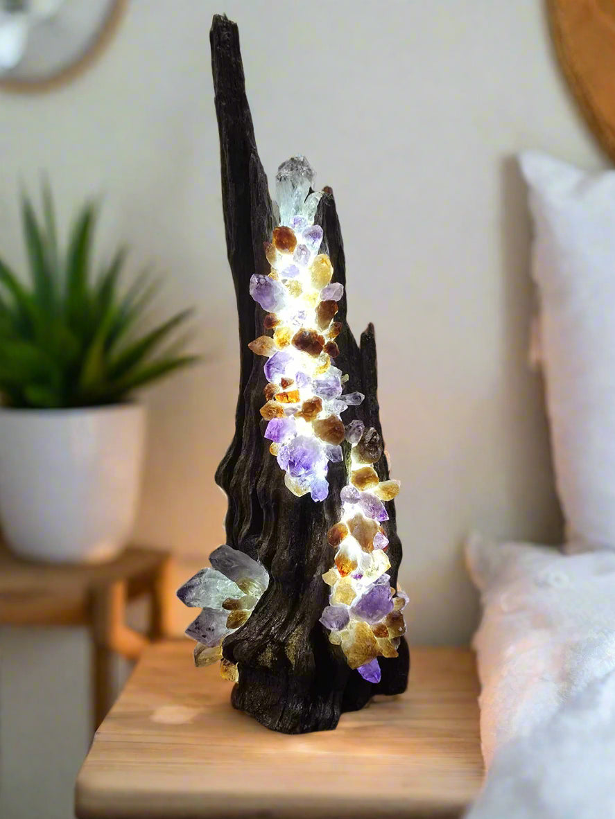 crystal lamp set in wood with amethyst and citrine