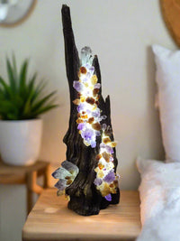 crystal lamp set in wood with amethyst and citrine