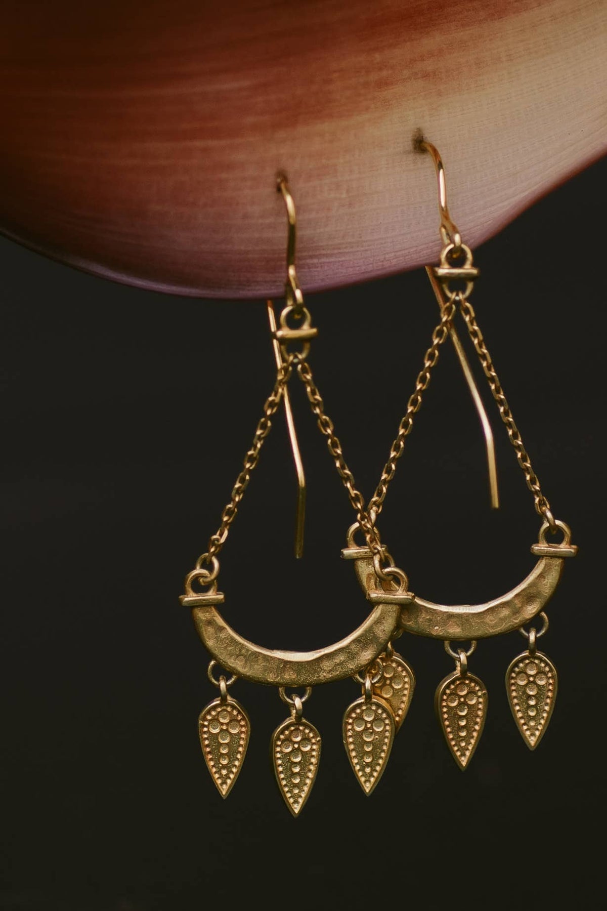 Dailia Earrings - 22k Gold Plated with three patterned dagger-shaped drops