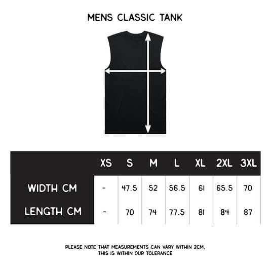 Measurement chart for men's classic tank tops with size chart on a white background