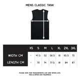 Measurement chart for men's classic tank tops with size chart on a white background