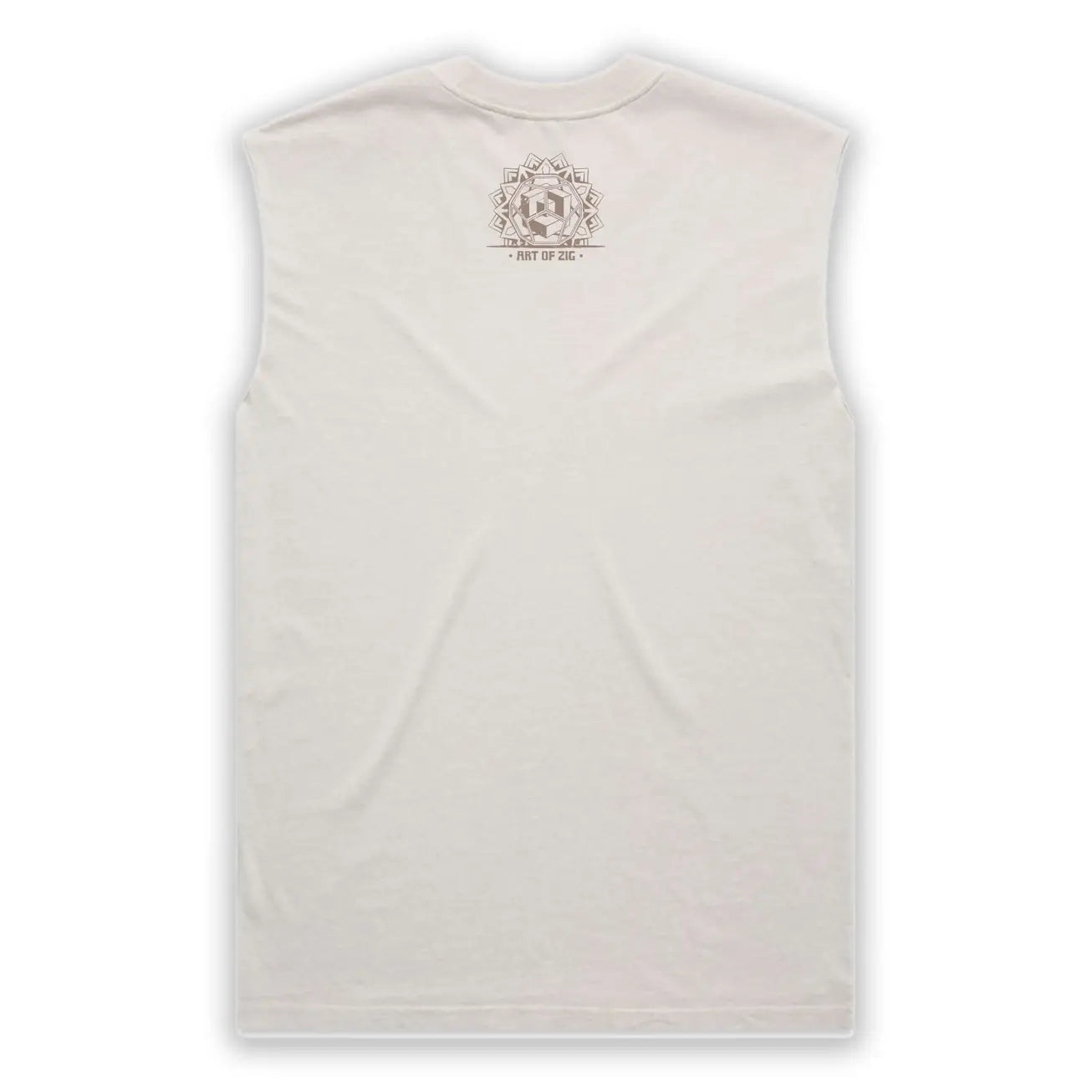 White sleeveless shirt with a logo on the back against a white background