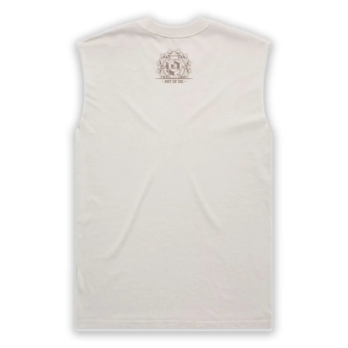 White sleeveless shirt with a logo on the back against a white background