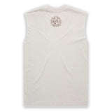 White sleeveless shirt with a logo on the back against a white background