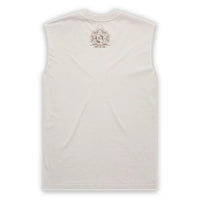 White sleeveless shirt with a logo on the back against a white background