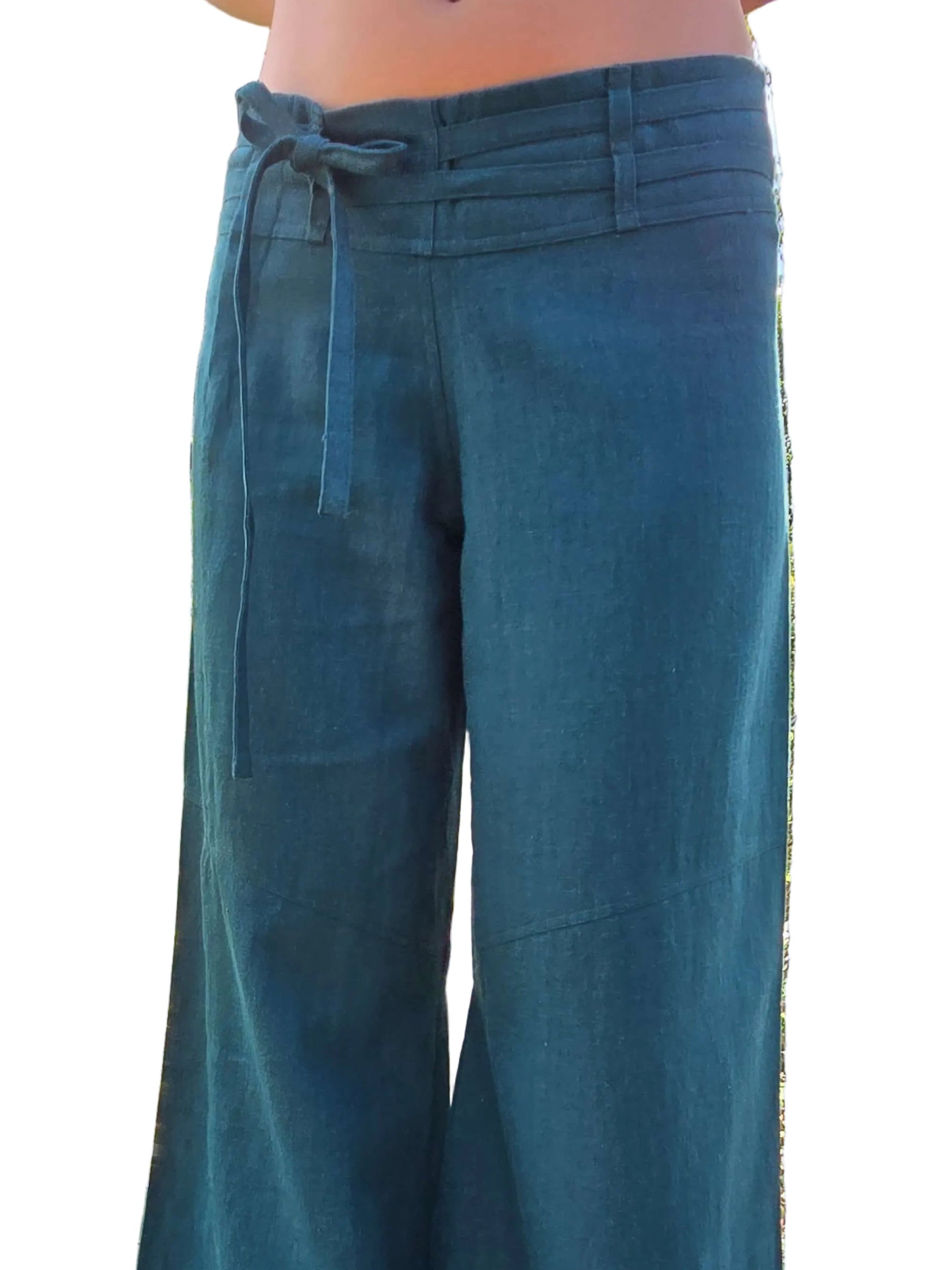 teal pants with white background
