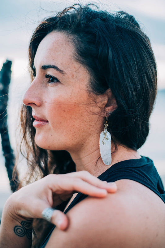 feather swirl hand carved mother of pearl and brass hook earrings 