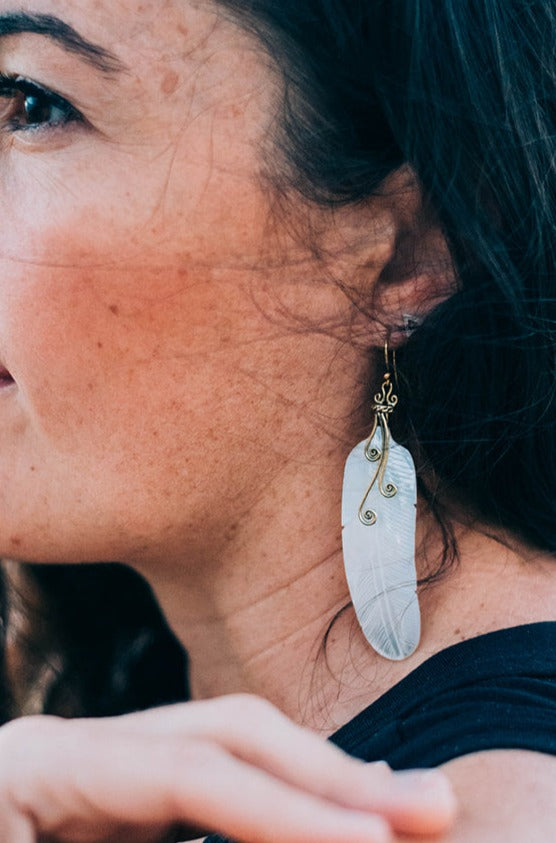 feather swirl hand carved mother of pearl and brass hook earrings 