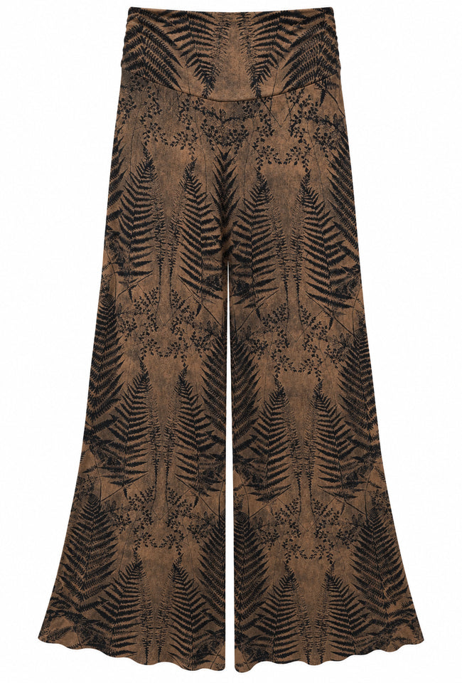 Front view of Tantrika Fern Pants in brown and black fern print