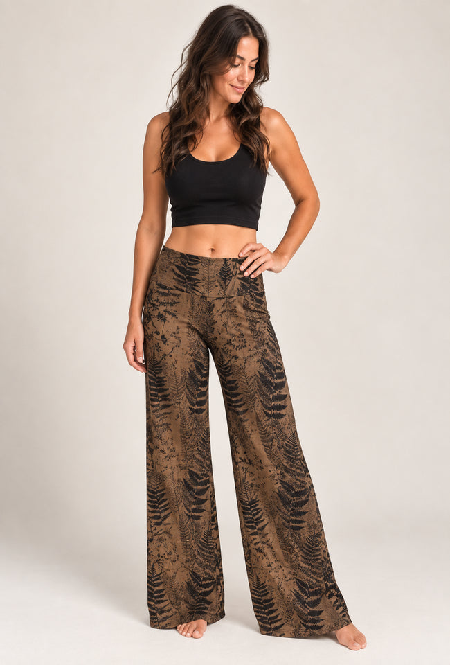 Fern Pants brown botanical print wide-leg pants flat lay