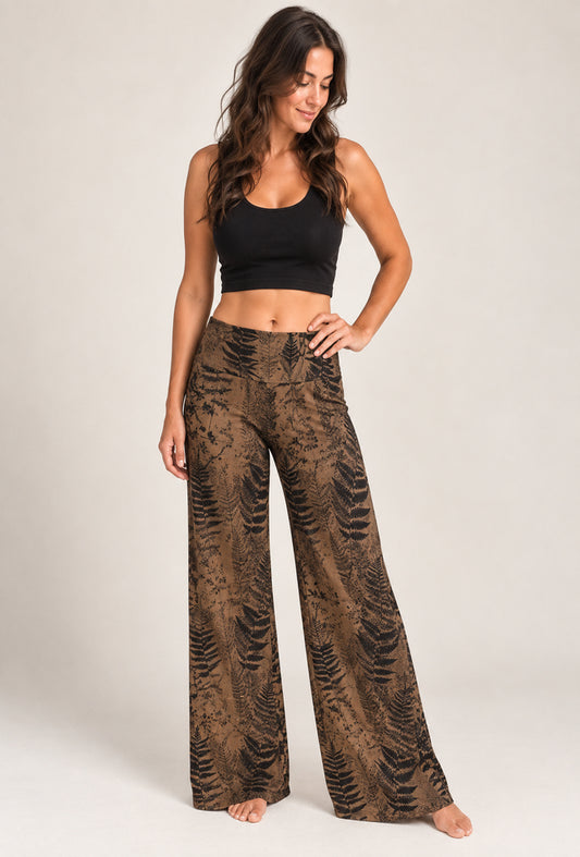 Fern Pants brown botanical print wide-leg pants flat lay