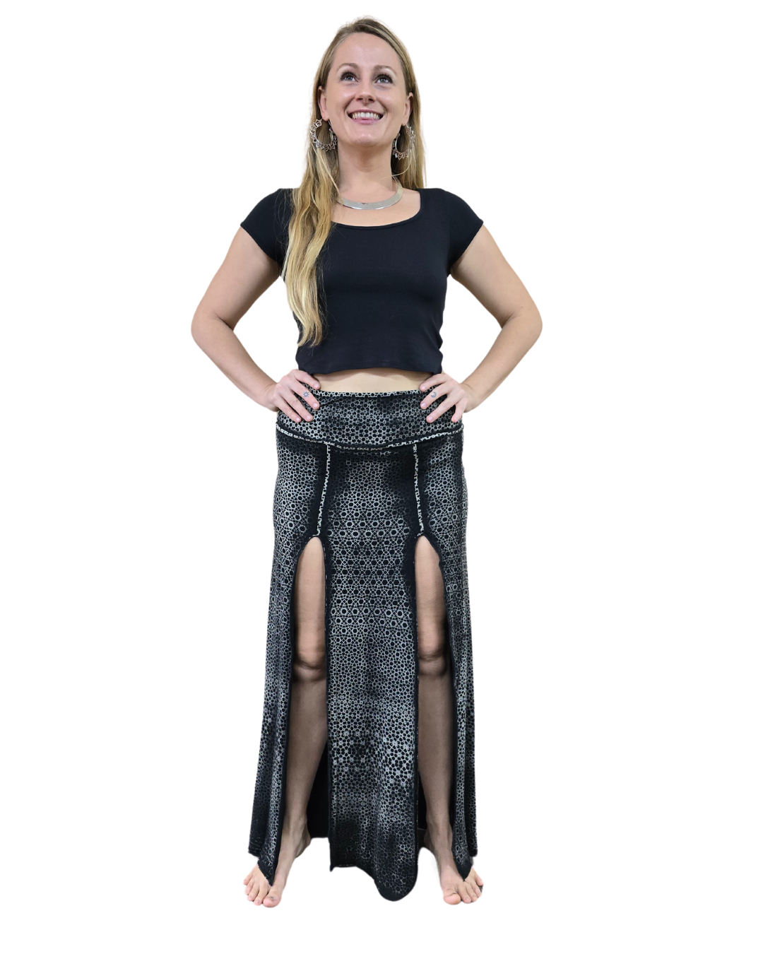 tantrika split front black geometric print skirt