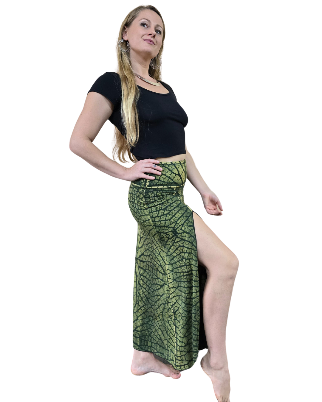 tantrika split front lime leaf print skirt