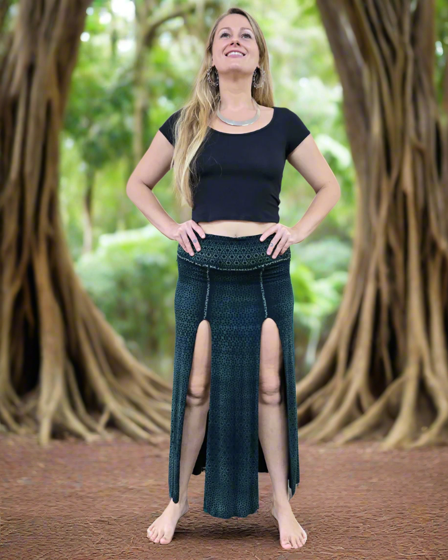 tantrika split front teal geometric print skirt