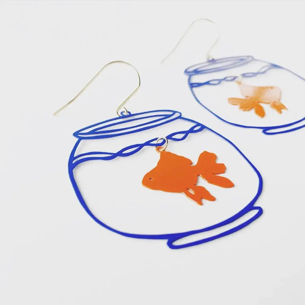 Earrings with goldfish in a bowl design on a white background