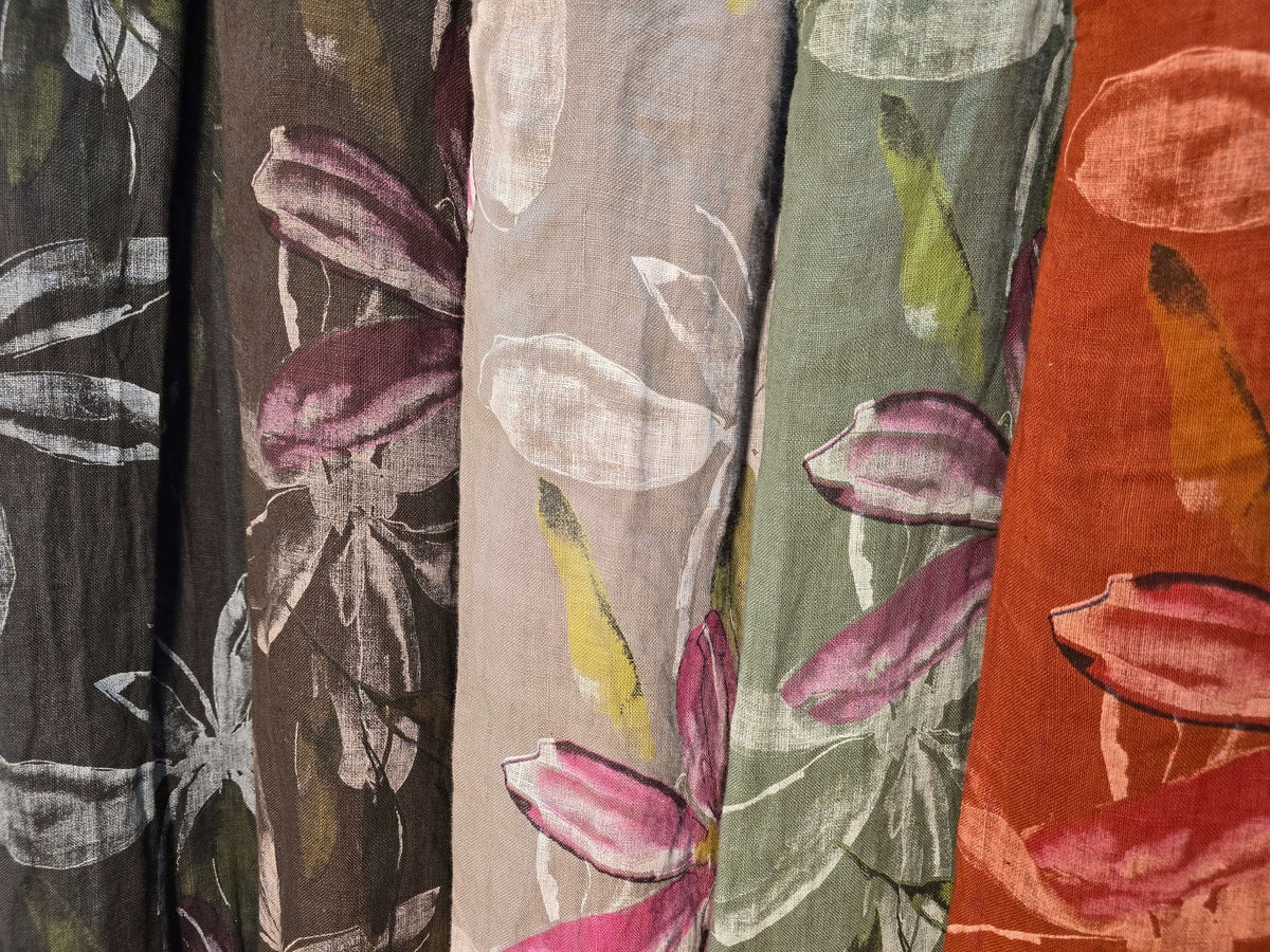 Close-up of fabric swatches with floral patterns in various colors.