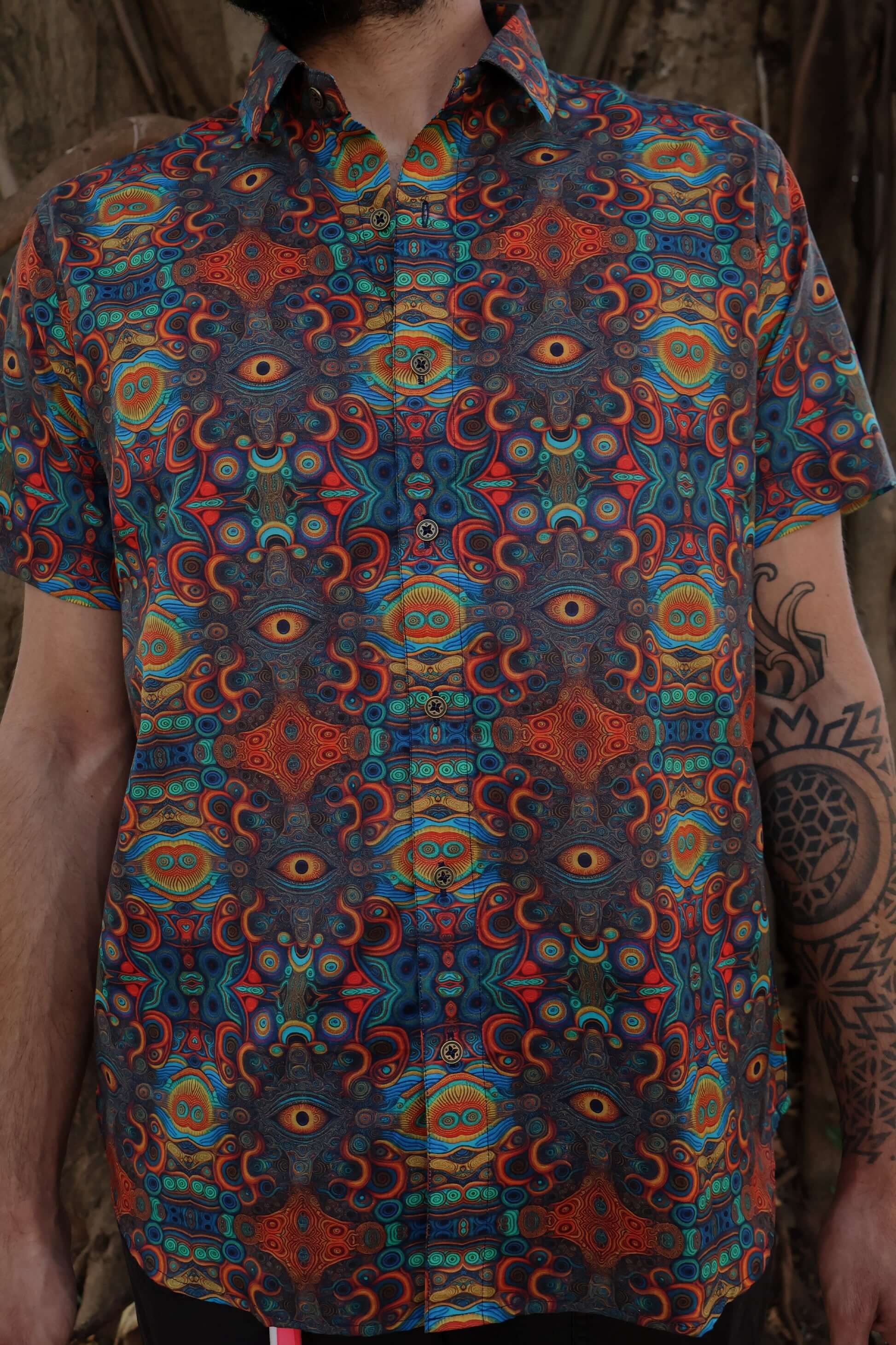 mens fungal frequency button up shirt festival wear