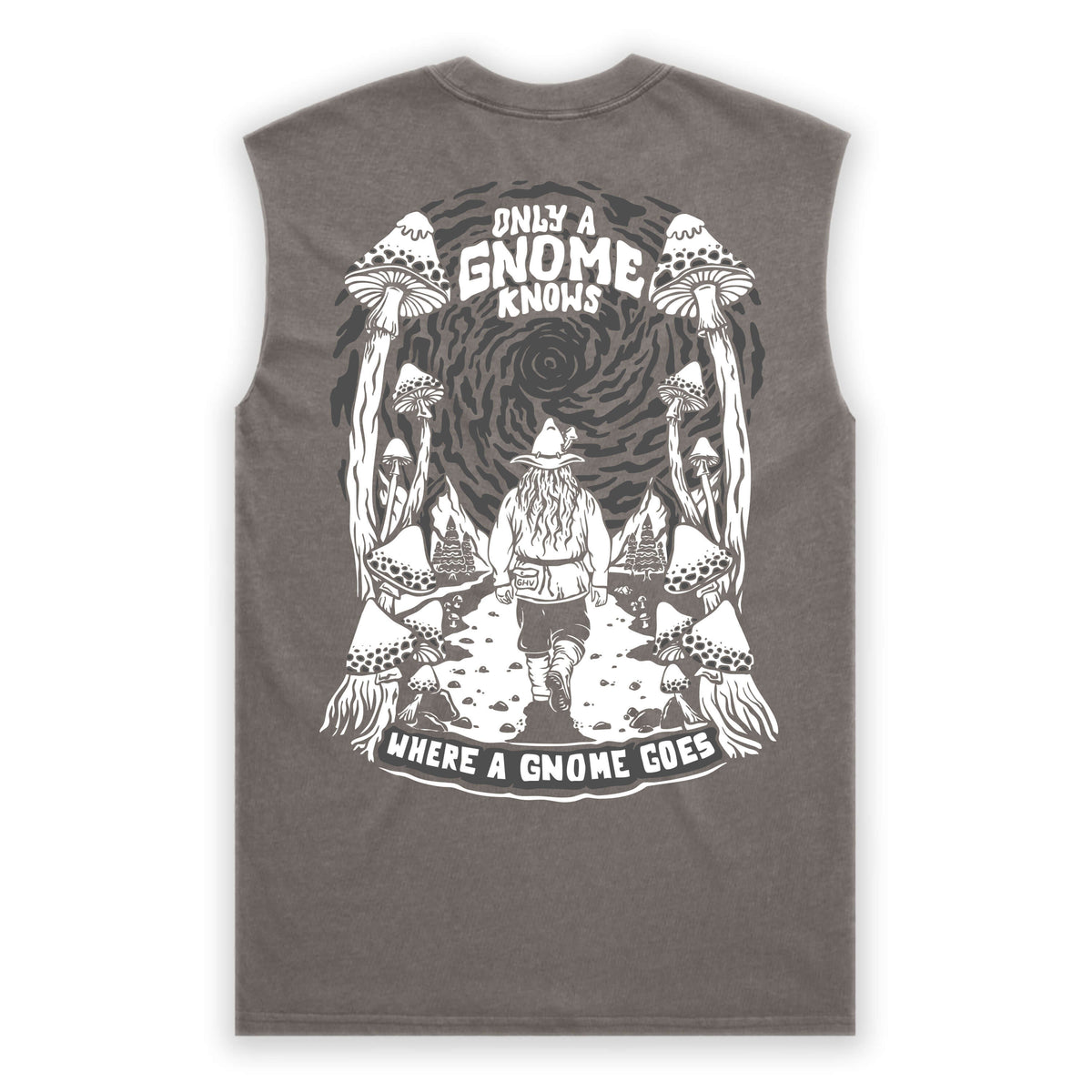 Gray sleeveless shirt with a graphic design of a gnome and mushrooms on the back.