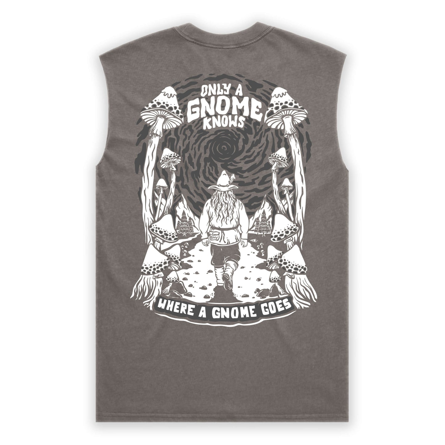 Gray sleeveless shirt with a graphic design of a gnome and mushrooms on the back.