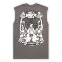 Gray sleeveless shirt with a graphic design of a gnome and mushrooms on the back.