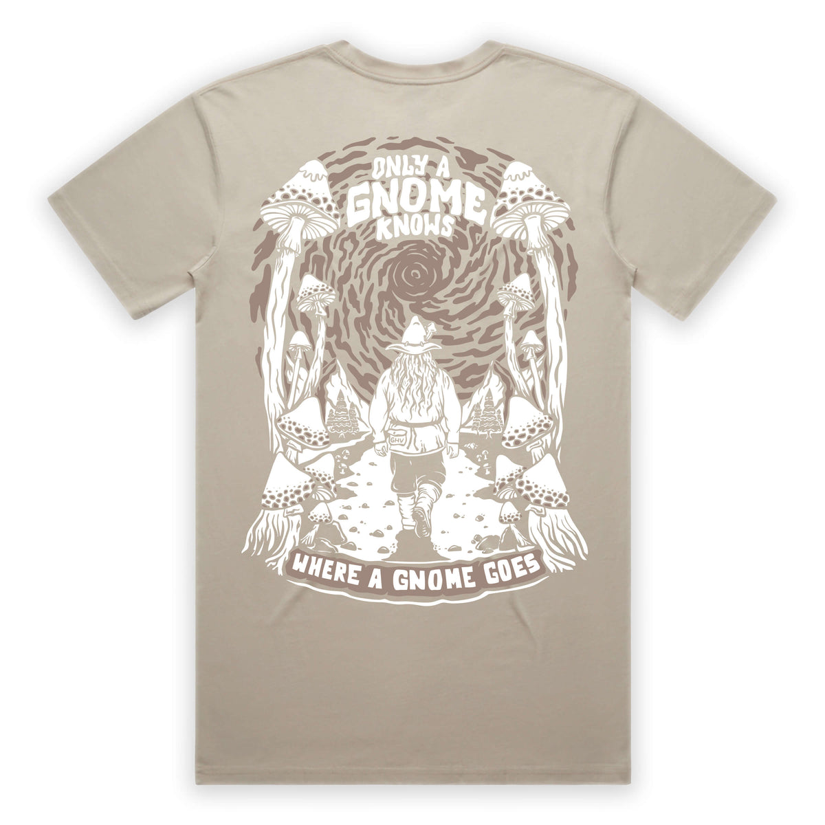 Beige t-shirt with a graphic design of a gnome and mushrooms on a white background