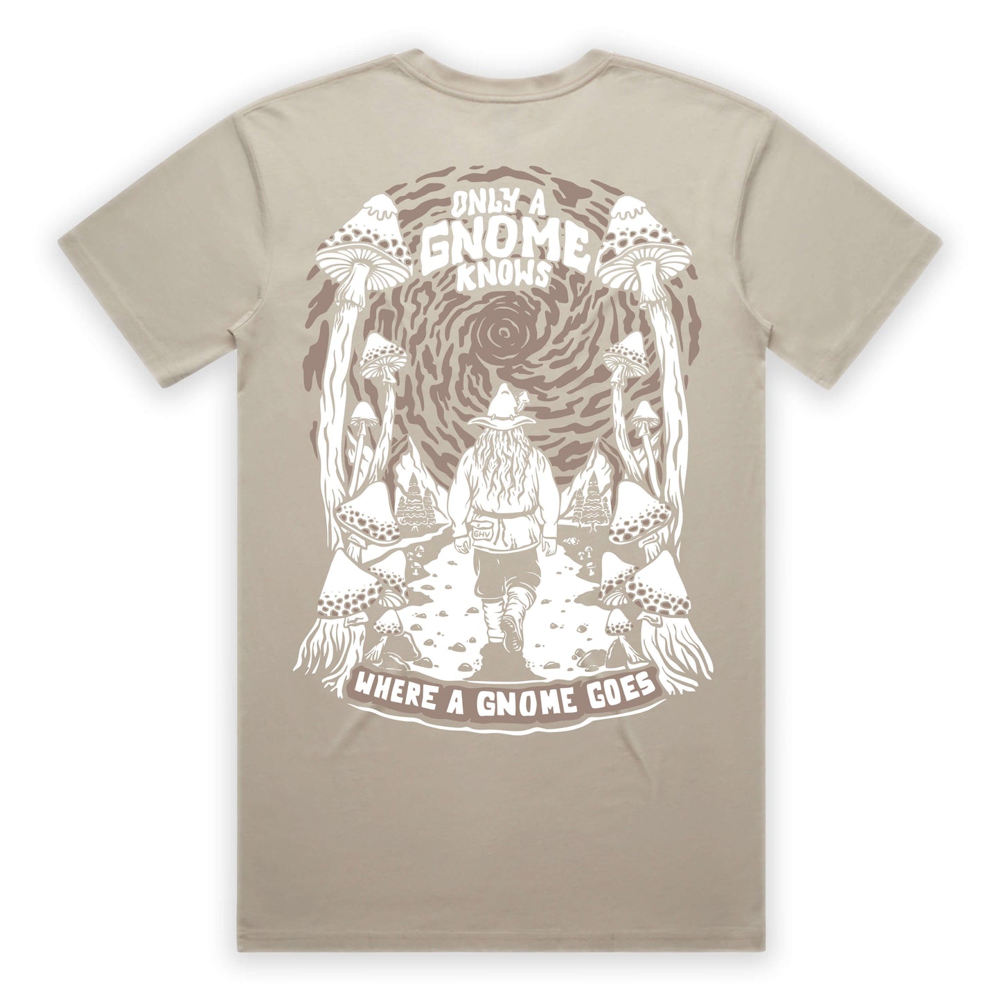 Beige t-shirt with a graphic design of a gnome and mushrooms on a white background