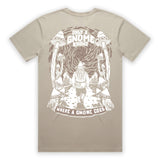 Beige t-shirt with a graphic design of a gnome and mushrooms on a white background