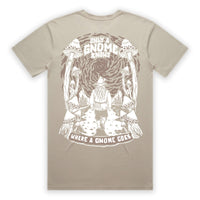 Beige t-shirt with a graphic design of a gnome and mushrooms on a white background