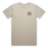 Beige t-shirt with a logo on the chest against a white background