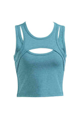 Blue tank top with cut-out design on a white background