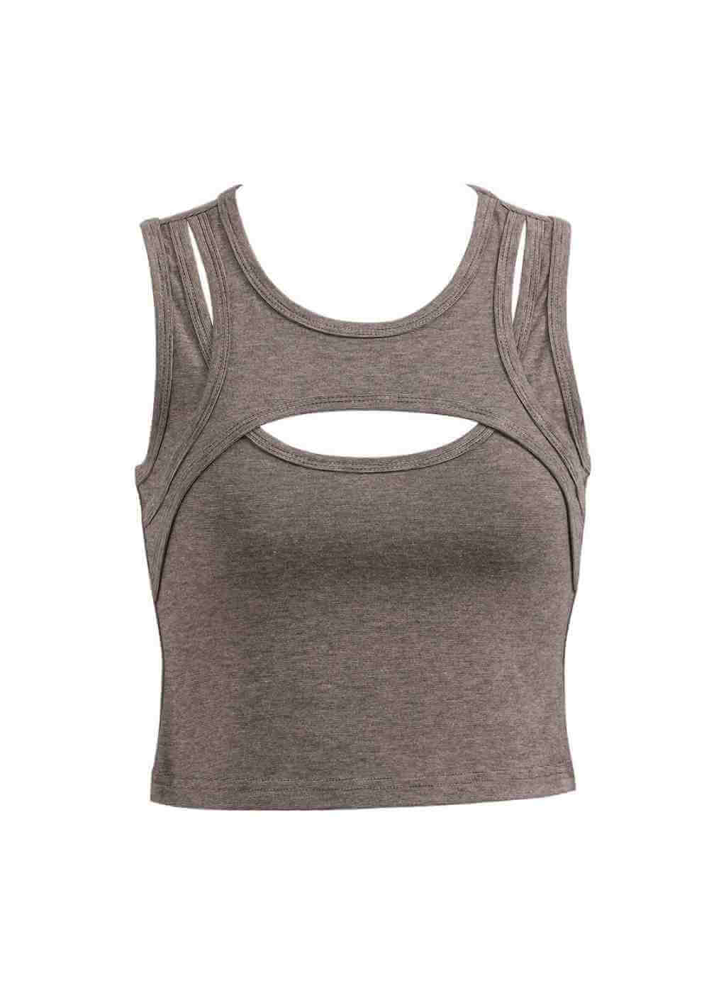 Gray tank top with cut-out design on a white background