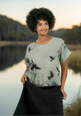 Harriet Jane Black Cockatoos Linen Tee Tantrika Australia