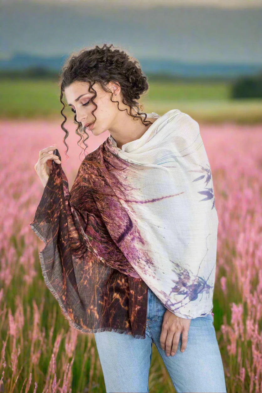 harriet jane pink flowering grasses cashmere and model scarf tantrika sustainable fashion australia