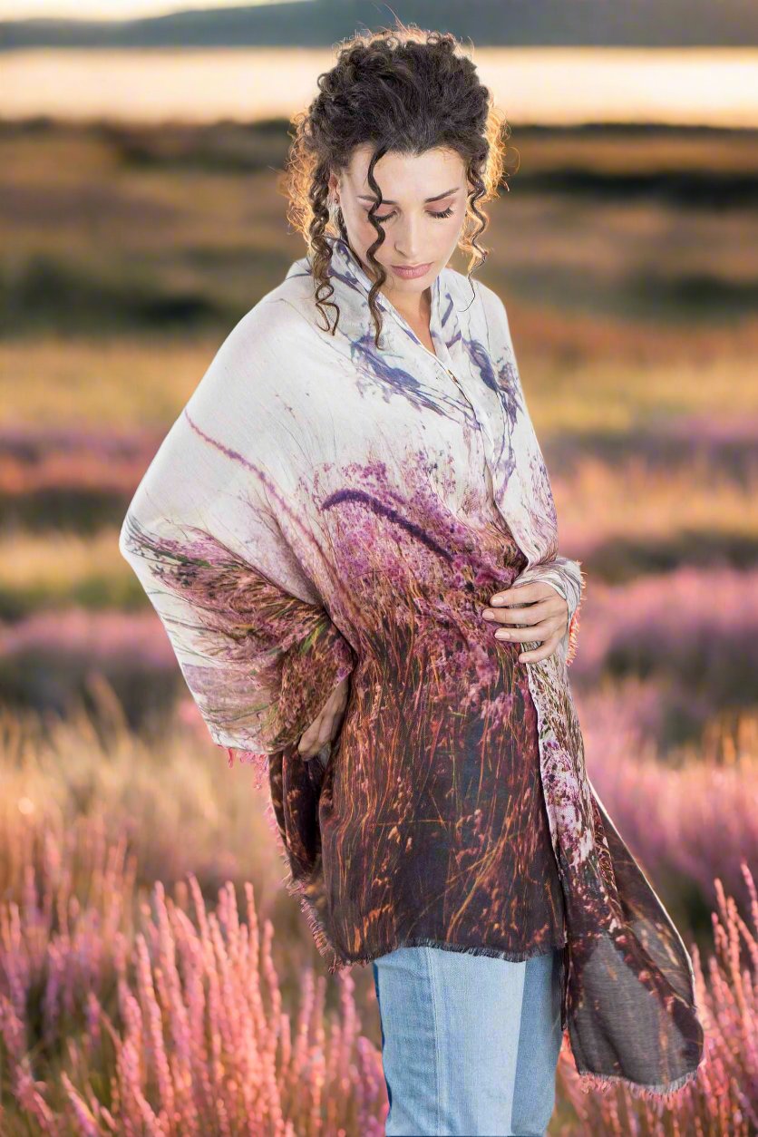 harriet jane pink flowering grasses cashmere and model scarf tantrika sustainable fashion australia