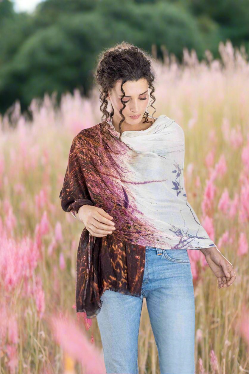 harriet jane pink flowering grasses cashmere and model scarf tantrika sustainable fashion australia