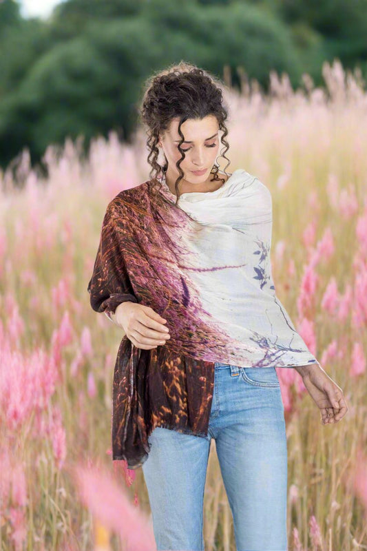 harriet jane pink flowering grasses cashmere and model scarf tantrika sustainable fashion australia