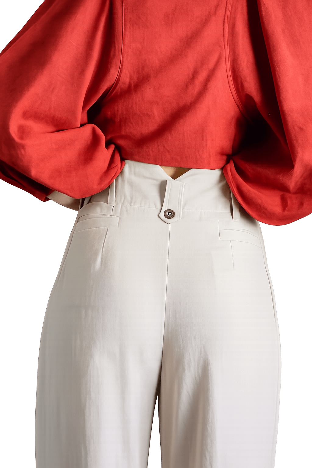 Red shirt and white pants against a white background