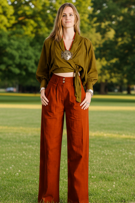 Woman wearing a green top and rust-colored pants on a white background