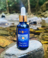 Blue bottle of Blue Lotus Tincture by In nuit on a rock with a natural background