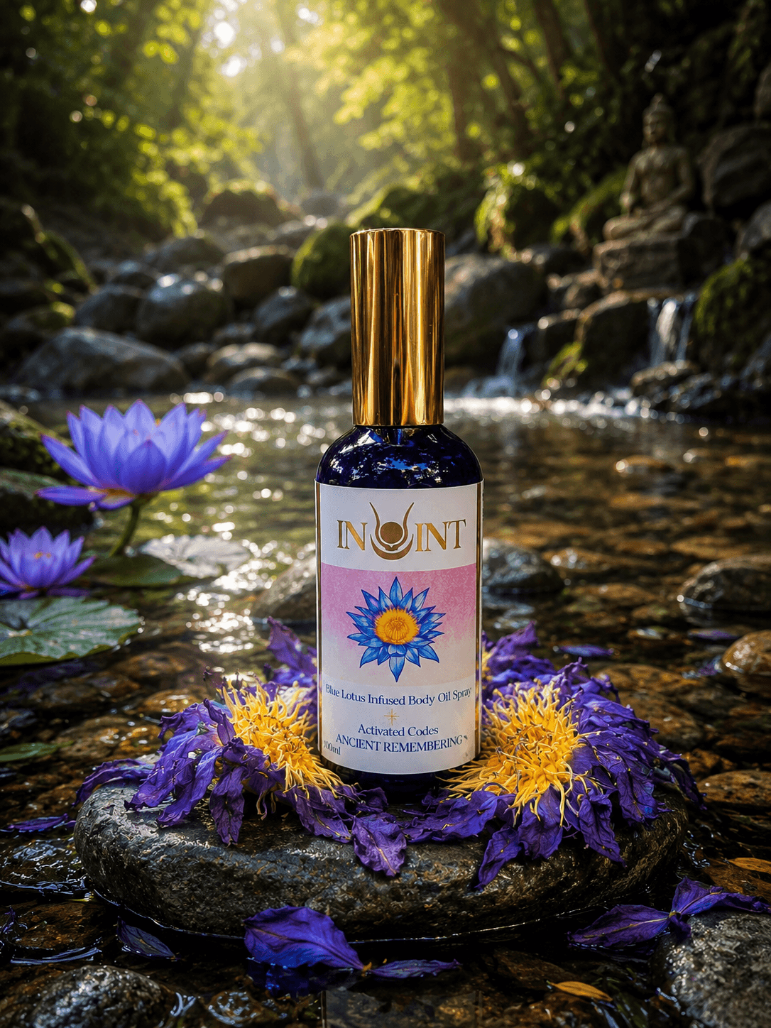 inoint bottle with flowers and waterfalls in the background