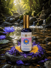 inoint bottle with flowers and waterfalls in the background