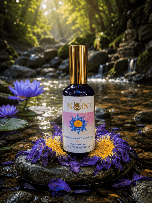 inoint bottle with flowers and waterfalls in the background