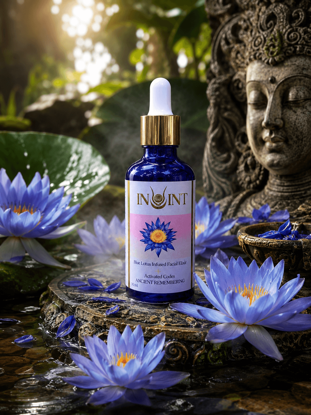 oil bottle with blue lotus flowers and buddha head 
