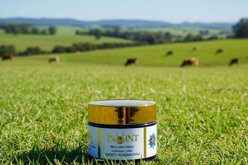 jar of INOINT tallow in a grass paddock with cows in the distance