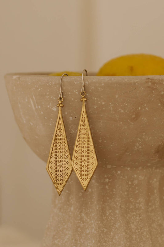 Izara Earrings - Brass statement earring with textured geometric motif and sterling silver hook