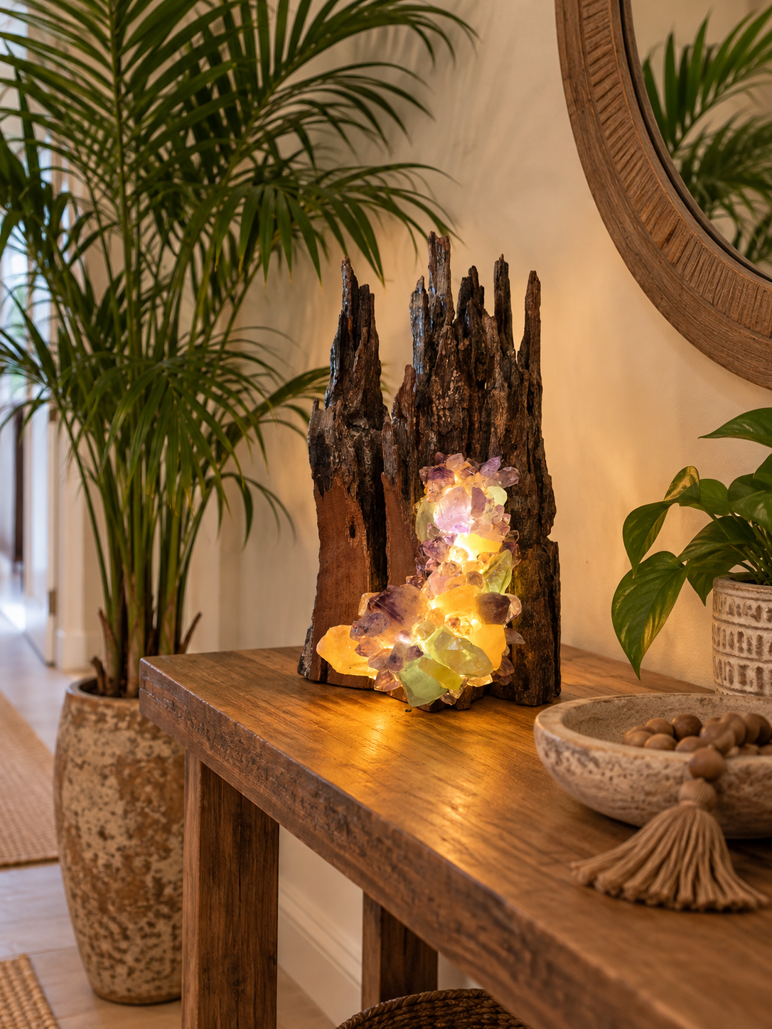 Jasmine Crystal Lamp with Amethyst, Orange and Emerald Calcite crystals on natural wood base