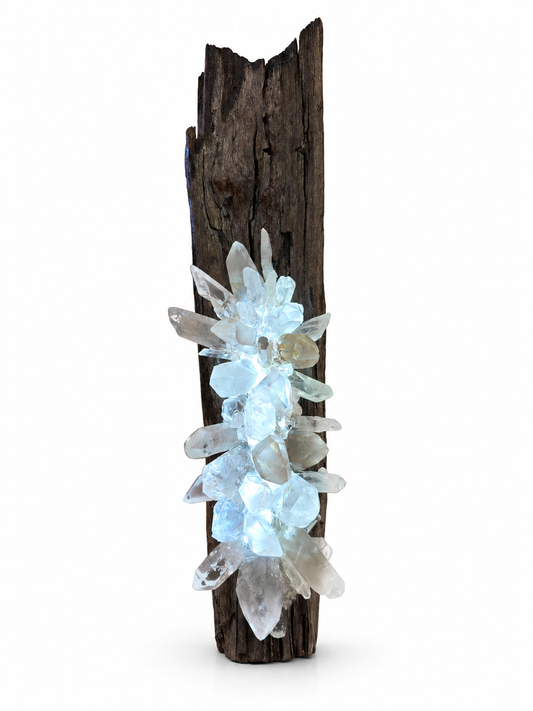 Jasper Crystal Lamp with natural wood and Clear Quartz crystals