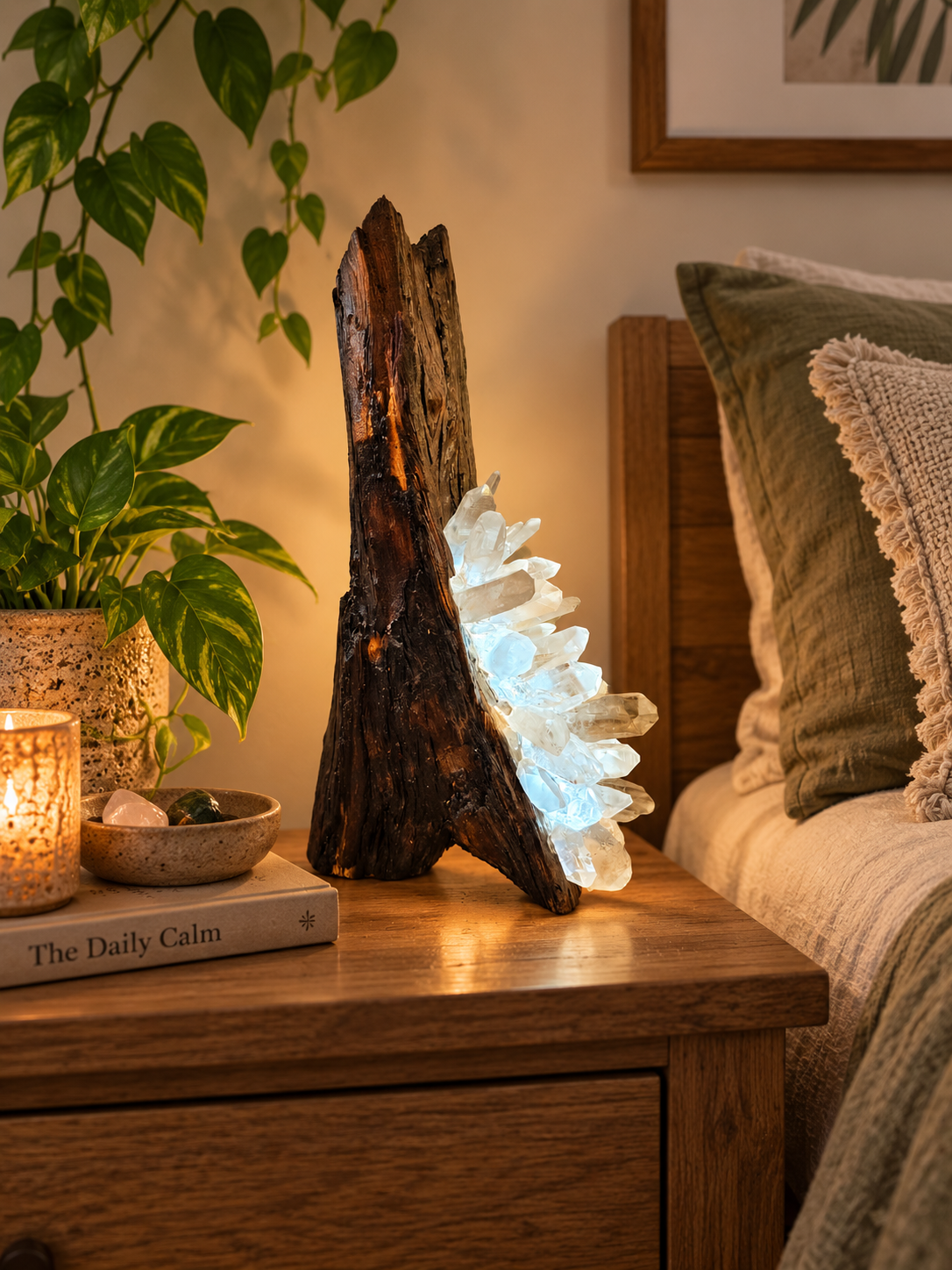 Jasper Crystal Lamp with natural wood featuring Smoky and Clear Quartz crystals